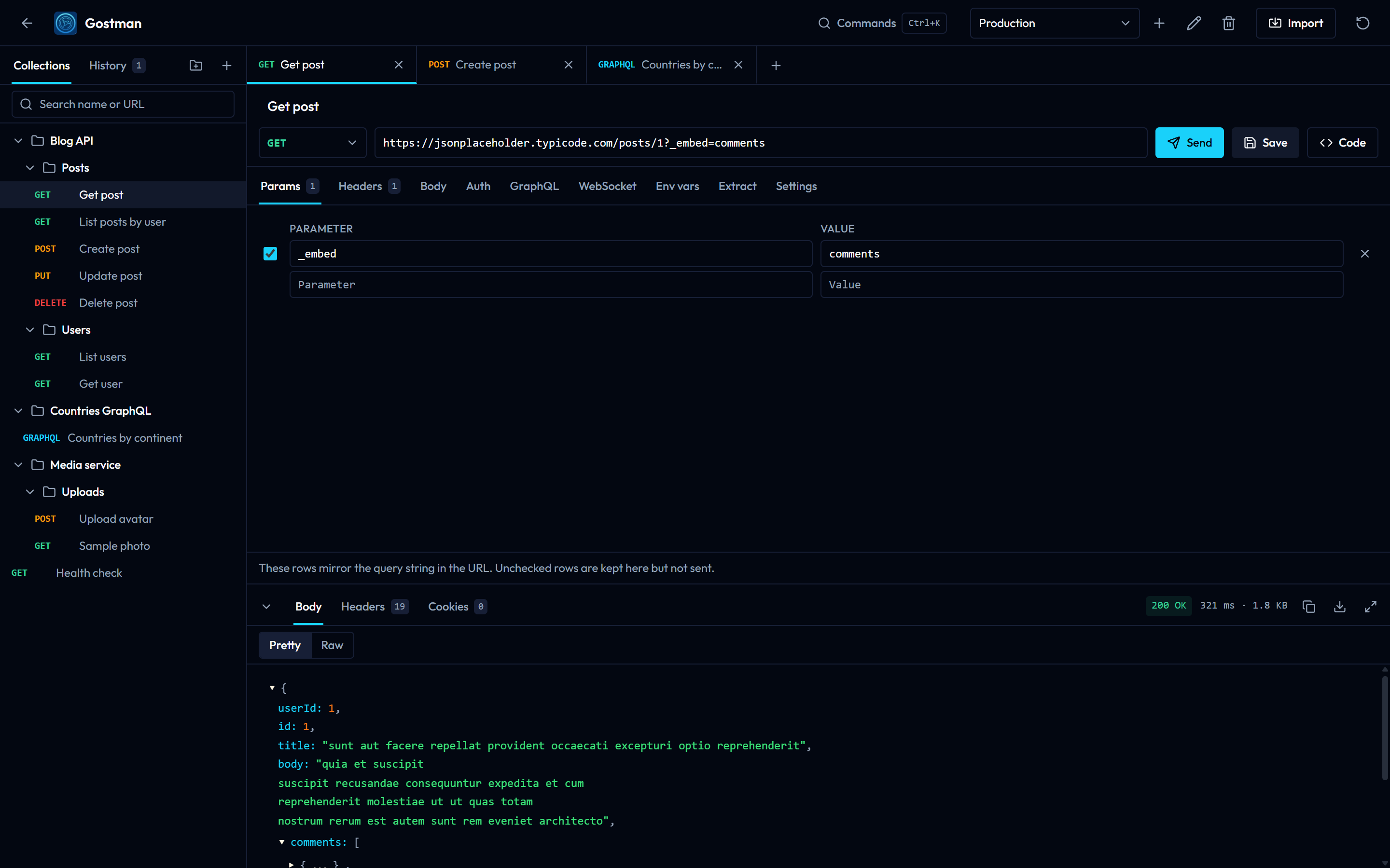 Gostman with the sidebar showing nested folders and requests, a search field, and open request tabs