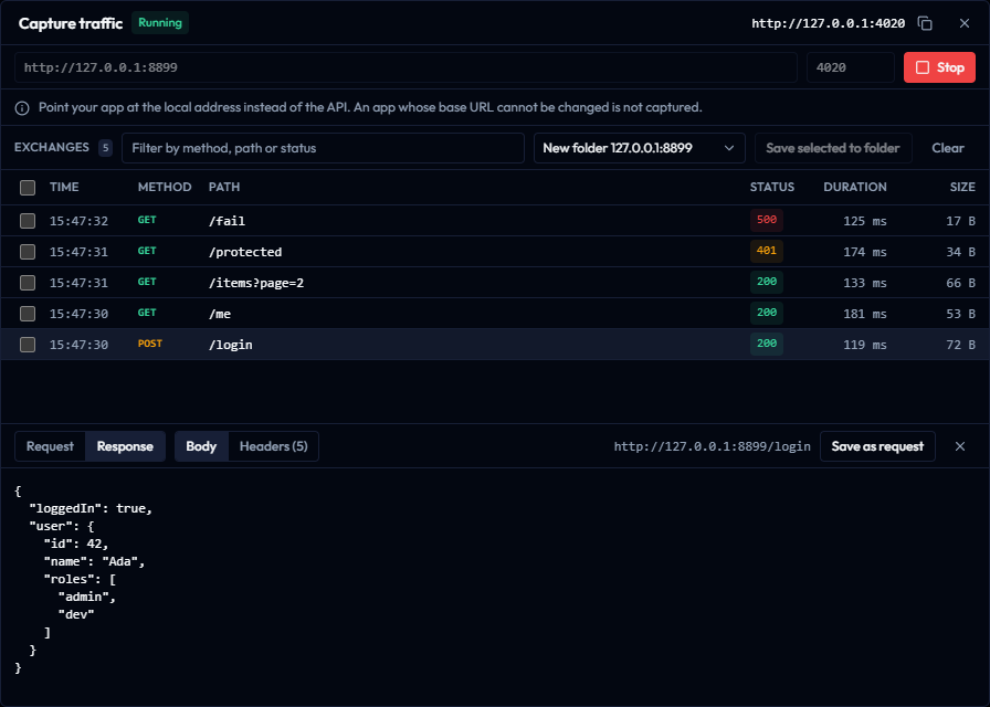 The capture dialog listing five forwarded calls with the response of one shown below