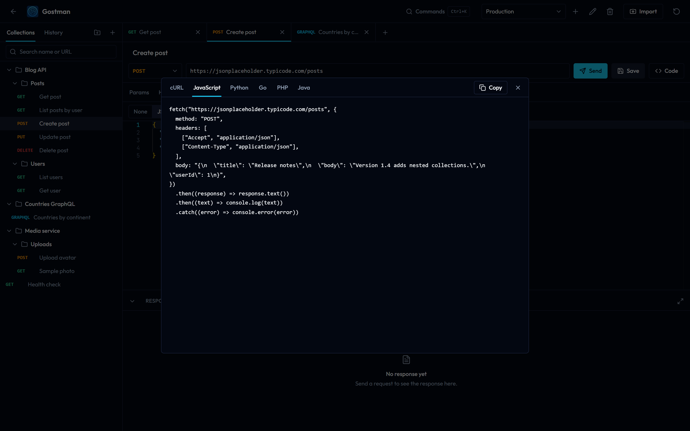 The Generate code dialog showing a JavaScript fetch call for a POST request