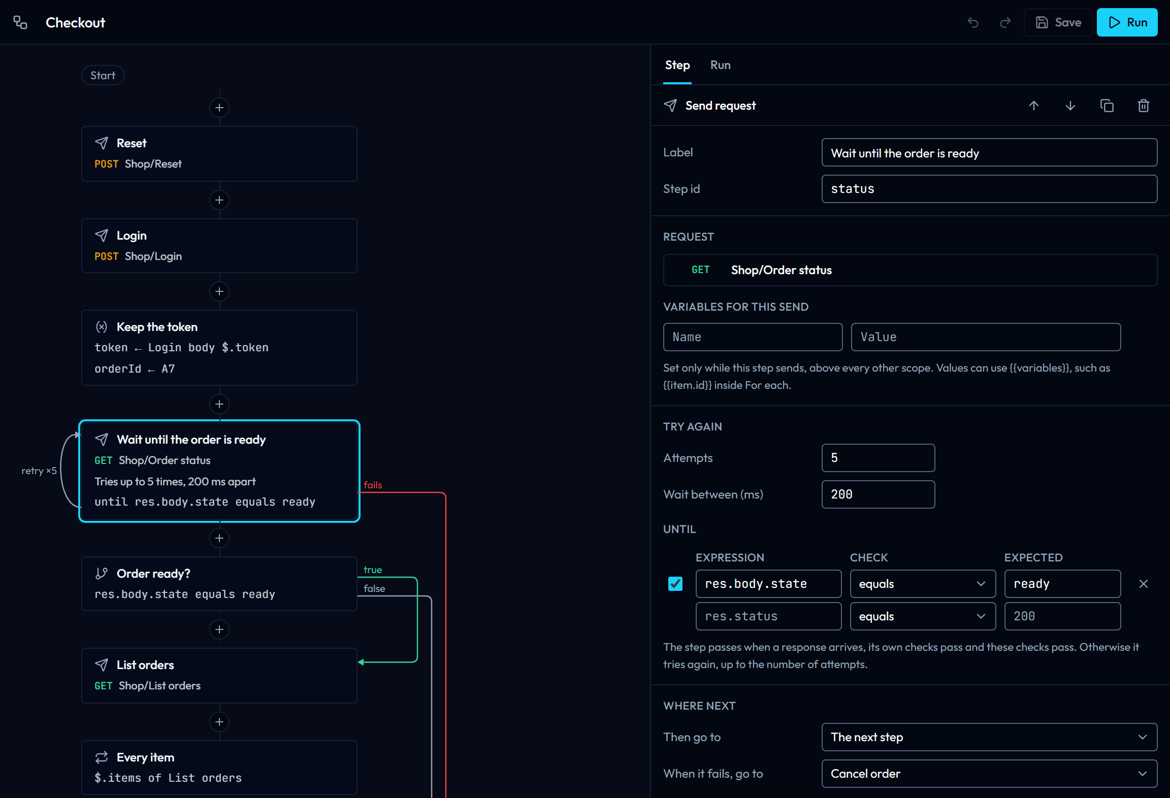 The step panel for Wait until the order is ready: its request Shop/Order status, five attempts 200 ms apart, the Until check res.body.state equals ready, and When it fails, go to Cancel order