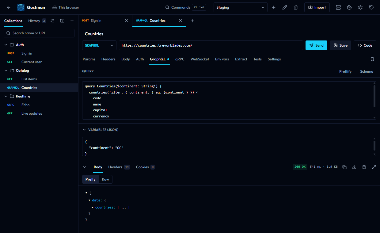 A GraphQL request named Countries with a query, a Variables (JSON) section and a 200 OK response that shows data and countries