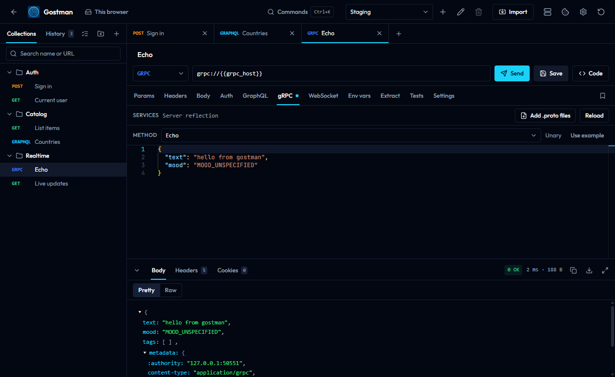 A gRPC request with the source set to Server reflection, a method picker showing Echo as Unary, a JSON message and a JSON response
