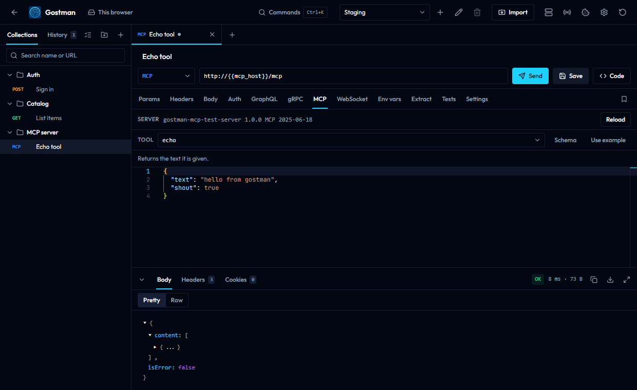 An MCP request with the server line gostman-mcp-test-server 1.0.0 MCP 2025-06-18, the echo tool, JSON arguments and an OK response