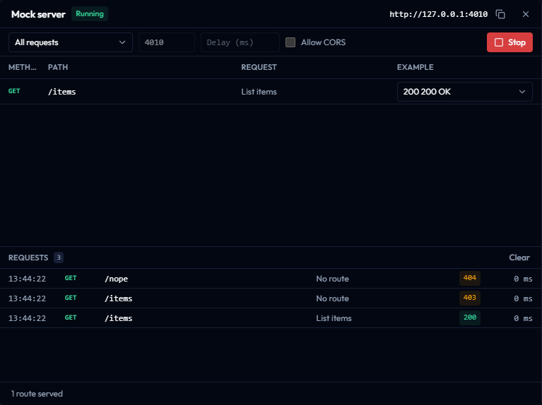 The mock server dialog with a served route and a live request log