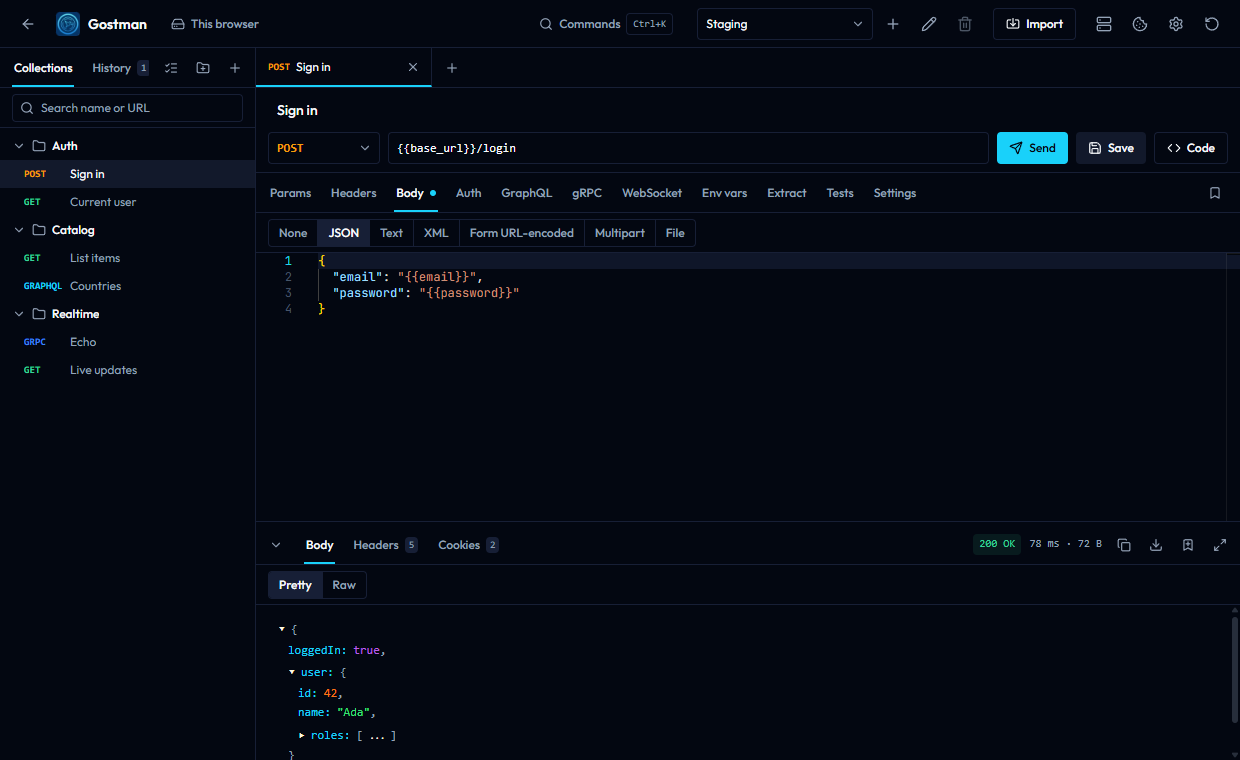 Gostman sending a POST request with a JSON body and showing the pretty-printed response