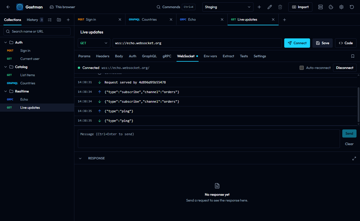 A WebSocket session that is Connected to wss://echo.websocket.org with sent and received messages in the log and an empty message box